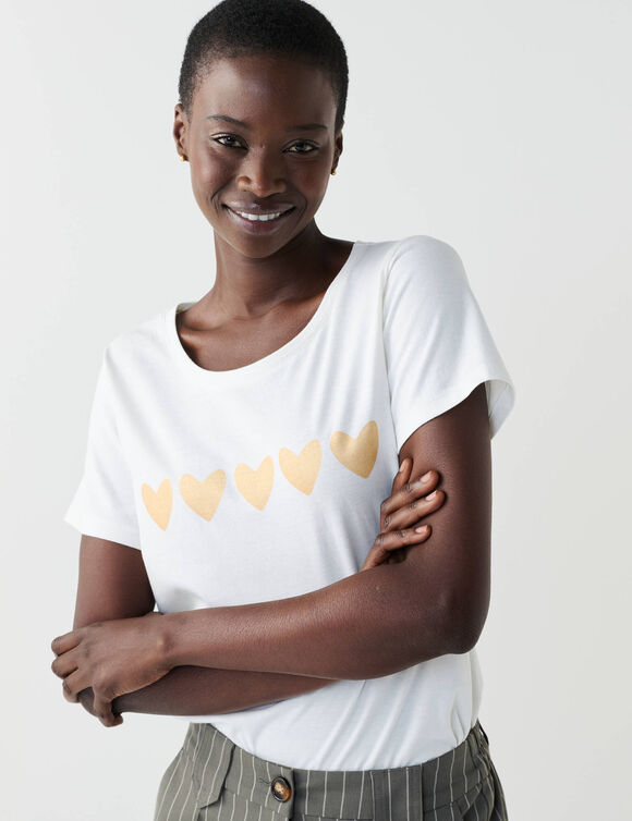 T-shirt manches courtes, imprimé coeurs dorés (écru) T-shirt manches courtes, imprimé coeurs dorés (écru)